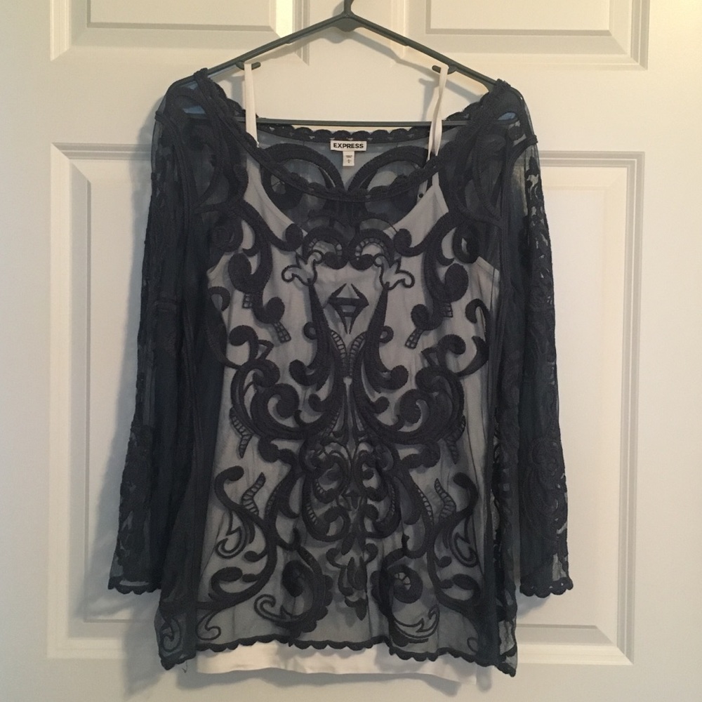 Express Sheer Lace Blue Long Sleeve Top